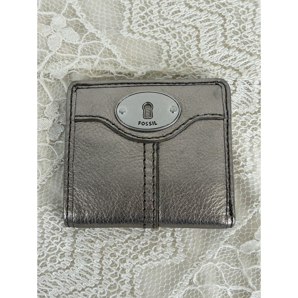 Fossil Women's Leather Mini Wallet Metallic Silver Classic Snap Closure ID Case